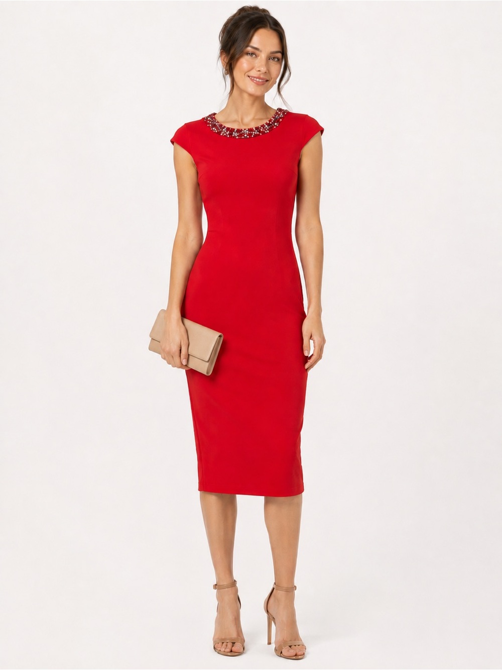 Ted Baker Jewel Neck Bodycon Dress Red Midi Size 0 Beaded Party Glam